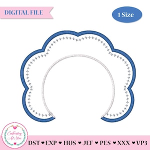 May include: A digital embroidery design featuring a scalloped edge in blue with a white inner circle. The design includes the text "DIGITAL FILE" and "1 Size". The logo for Embroidery Art Store is in the lower left corner.