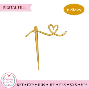 Pode incluir: Uma agulha dourada com linha formando um coração, um elemento de design para bordado. A imagem inclui o texto "DIGITAL FILE" em uma faixa rosa e "6 Sizes" em um oval dourado. O logotipo "Embroidery Art Store" está no canto inferior esquerdo.