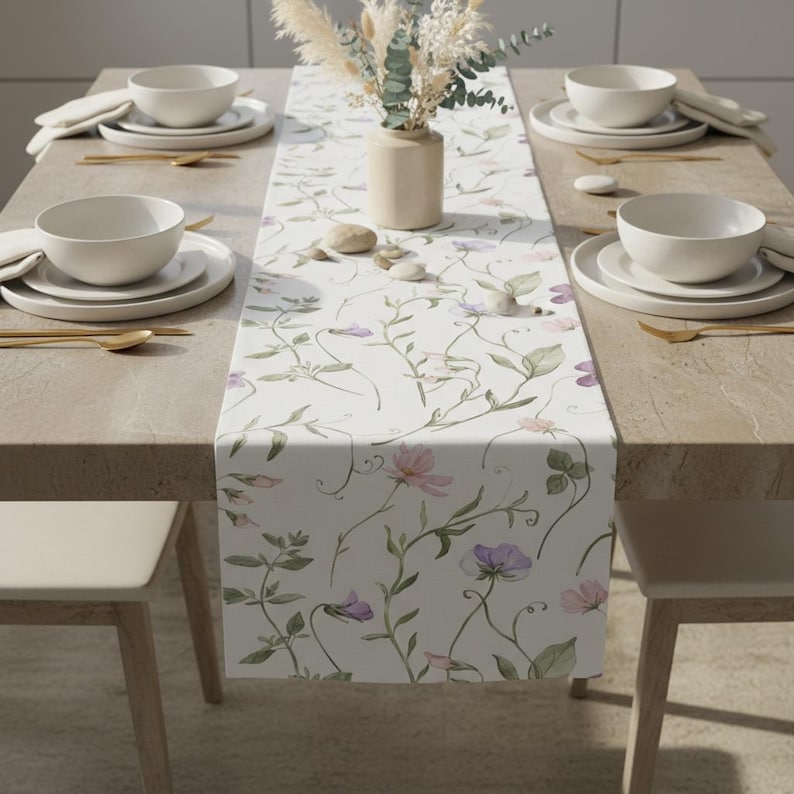 K&ouml;nnte beinhalten: Ein Esstisch, der f&uuml;r eine Mahlzeit gedeckt ist, mit einem floralen Tischl&auml;ufer mit rosa und lila Blumen. Wei&szlig;e Schalen, Teller und goldene Utensilien sind f&uuml;r jedes Gedeck angeordnet. Eine Vase mit Trockenblumen und dekorativen Steinen vervollst&auml;ndigt die Szene.