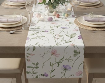 Spring Table Runner, Easter Table Runner, Floral Boho Table Decor, Wildflower Cotton Table Linen, White Custom Wedding Decor