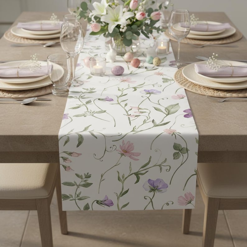 K&ouml;nnte beinhalten: Ein wei&szlig;er Tischl&auml;ufer mit einem Blumendesign aus rosa und lila Blumen und gr&uuml;nen Bl&auml;ttern. Der L&auml;ufer liegt auf einem Holztisch mit Gedecken, Glaswaren und einem Blumengesteck. Das Gesamtthema ist Fr&uuml;hling oder Ostern.