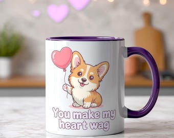 Taza "You Make My Heart Wag", adorable taza de café Corgi para amantes de los perros, regalo romántico de San Valentín para él o ella, taza morada "Dulce amor".