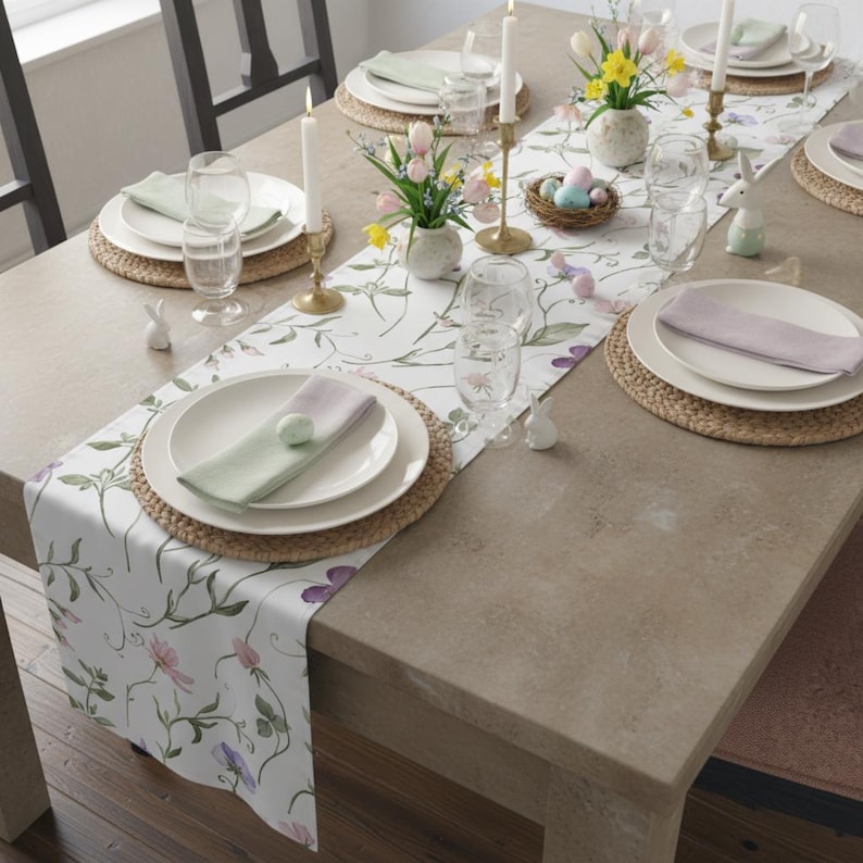 K&ouml;nnte beinhalten: Ein festlich gedeckter Esstisch mit Osterdekoration. Der Tisch zeigt wei&szlig;e Teller, gewebte Tischsets und pastellfarbene Servietten. Ein Blumengedeck, Kerzen und kleine Hasenfiguren tragen zur festlichen Atmosph&auml;re bei. Das Tischarrangement umfasst Gl&auml;ser und kleine Vasen mit Blumen.