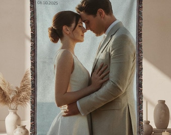 Personalized Woven Photo Blanket, Custom Wedding & Anniversary Throw, Couples Photo Tapestry, Woven Cotton Blanket, Custom Name or Date Gift