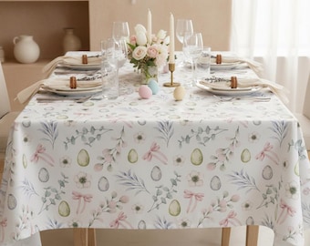 Easter Cotton Tablecloth, Square and Rectangle Tablecloth, Floral Boho Easter Table Linen, Spring Dining Table Decor