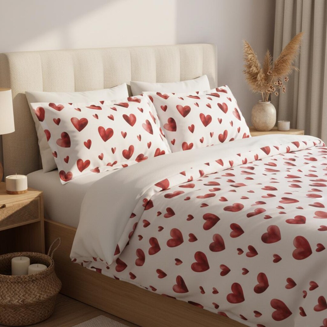 Red Heart Bedding, Cotton Duvet Cover, Luxury Boho Heart Design Bedding ...
