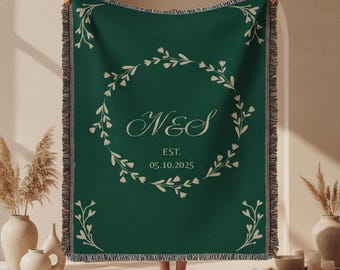 Personalisierte gewebte Decke mit Initialen oder Nachnamen, grüner benutzerdefinierter Familiennameüberwurf, Hochzeitsgeschenk für Paare, Einweihungsparty, Jubiläum