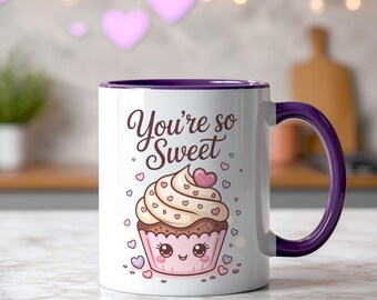 Taza morada "Eres tan dulce", linda taza de café con cupcakes para él y ella, regalo romántico de San Valentín, taza de amor dulce para parejas, regalo de Galentine