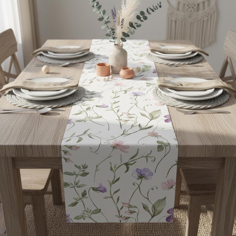 K&ouml;nnte beinhalten: Ein Holztisch, gedeckt f&uuml;r eine Mahlzeit, mit einem floralen Tischl&auml;ufer mit rosa und lila Blumen. Der Tisch ist mit Tellern, Tischsets und Besteck gedeckt. Eine Vase mit Trockenblumen und kleine Keramikschalen stehen auf dem Tisch.