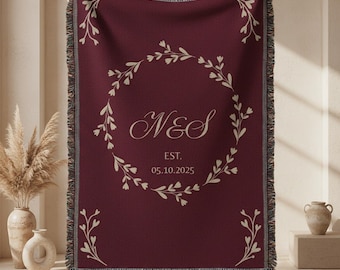 Manta tejida personalizada con iniciales o apellido, manta burdeos con nombre familiar personalizado, regalo de boda para pareja, inauguración de la casa, aniversario
