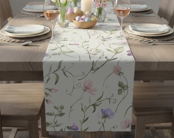 Spring Table Runner, Easter Table Runner, Floral Boho Table Decor, Wildflower Green Table Linen, Custom Cotton Wedding Decor