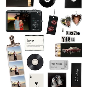 May include: A collection of romantic and sentimental items, including a black box of matches with the date 05.12.20, a black eight ball with a white 5, a camera with a couple's photo, a heart-shaped locket, and a playing card.