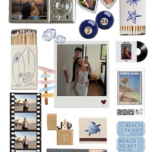 May include: A selection of items with a travel and memory theme. Includes a digital camera, heart-shaped locket, pool balls, matchboxes with surfboards and seashell designs, a vinyl record, a photo strip, a lighter with "I love you" text, and beach tickets.