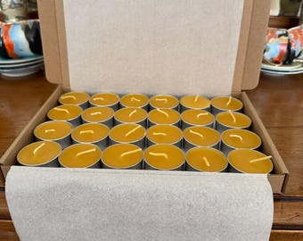 A pack of 24, 100% Beeswax Tea Light Candles, non toxic and eco friendly with Natural Wicks.