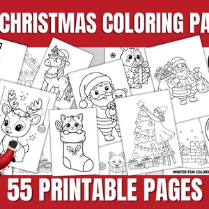 Könnte beinhalten: Eine Sammlung von 55 ausdruckbaren Weihnachtsmalvorlagen mit festlichen Illustrationen. Die Seiten zeigen den Weihnachtsmann, Rentiere, Schneemänner und andere weihnachtliche Bilder. Der Text auf dem Bild lautet "CHRISTMAS COLORING PAGES" und "55 PRINTABLE PAGES".