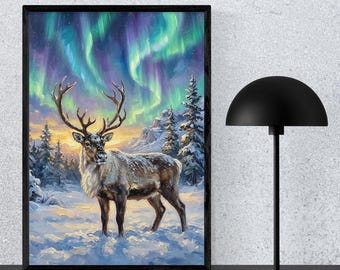 Reindeer Northern Lights Print, Nordic Winter Wall Art (Digital Download)