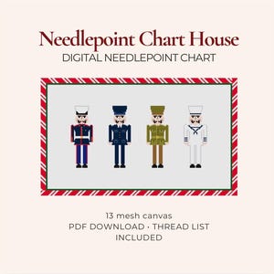 May include: A digital needlepoint chart titled Needlepoint Chart House featuring four pixelated military figures in uniform. The design is framed by a red and white candy cane border and includes text for 13 mesh canvas and PDF download.