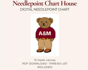 A&M Bear Template Needlepoint Chart PDF, 13 Mesh Digital Needlepoint Pattern, Polo Bear Download