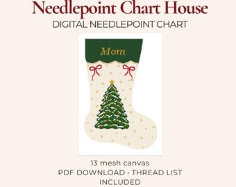 Classic Christmas Tree Stocking Needlepoint Chart | Traditional Holiday PDF Pattern | 13 Mesh Needlepoint Pattern