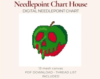 May include: Needlepoint Chart House digital needlepoint chart for 13 mesh canvas. The graphic is a pixel art red apple with a green skull design dripping down the front. Includes a PDF download and thread list. The text reads Needlepoint Chart House.