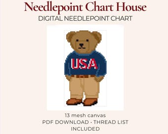USA Bear Template Needlepoint Chart PDF, 13 Mesh Digital Needlepoint Pattern, Polo Bear Download