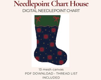 Heritage Poinsettia Stocking Needlepoint Chart | Christmas Stocking PDF Pattern | Traditional Holiday Needlepoint | 13 Mesh