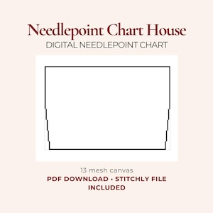 May include: Needlepoint Chart House digital needlepoint chart featuring a black outlined trapezoidal shape on a light background. Text includes 13 mesh canvas, PDF DOWNLOAD, and STITCHLY FILE INCLUDED. This is a digital file for needlepoint projects.