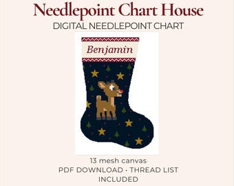 Classic Rudolph reindeer Christmas Stocking Needlepoint Chart PDF | Personalized Heirloom Stocking Pattern 13 mesh