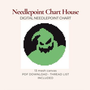 May include: A digital needlepoint chart from Needlepoint Chart House featuring a pixelated green ghost-like figure with a jagged grin set against a black circular background. The text includes 13 mesh canvas, PDF download, and thread list included.
