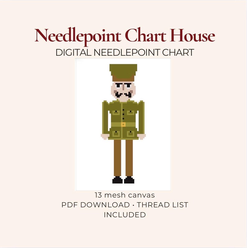 K&ouml;nnte beinhalten: Eine digitale Stickvorlage mit dem Titel Needlepoint Chart House, die einen verpixelten Soldaten in gr&uuml;ner Uniform mit Schnurrbart und Hut zeigt. Der Text enth&auml;lt Digital Needlepoint Chart, 13 mesh canvas, PDF Download und Thread List Included.