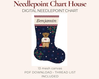 Personalized Heritage Bear Needlepoint Christmas Stocking Chart | Heirloom Holiday Stocking Pattern PDF | Instant Download