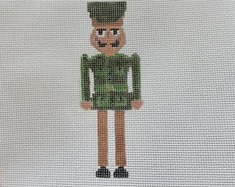 Army Nutcracker Needlepoint Canvas | 13 Mesh Hand Painted Ornament Canvas | Patriotic Christmas Needlepoint