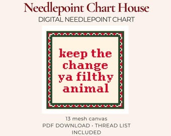Allein zu Haus Nadelspitzen Vorlage PDF, 13 Maschen Digitales Nadelspitzenmuster, Frohe Weihnachten Leinwand zum Downloaden