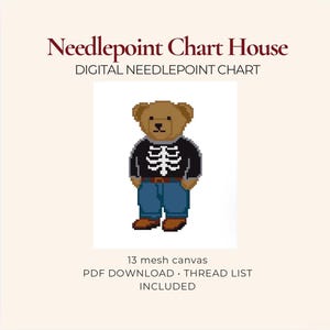 Skeleton Sweater Polo Bear Needlepoint Chart Template | Halloween Teddy Bear | Preppy Halloween Pattern | 13 Mesh PDF
