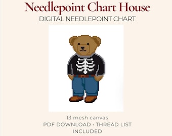 Skeleton Sweater Polo Bear Needlepoint Chart Template | Halloween Teddy Bear | Preppy Halloween Pattern | 13 Mesh PDF