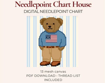 6 x 6 inch Americana Polo Bear Template Needlepoint Chart PDF, 13 Mesh Digital Needlepoint Pattern, USA 250 Canvas Download