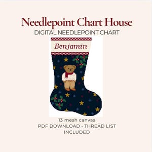 May include: A digital needlepoint chart from Needlepoint Chart House featuring a dark blue Christmas stocking with a teddy bear, holly, and stars. The cuff is white with red patterns and the name Benjamin. Includes 13 mesh canvas and thread list.