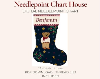 Classic Teddy Bear Christmas Stocking Needlepoint Chart PDF | Polo Bear Heirloom Stocking Pattern | Instant Digital Download 13 Mesh