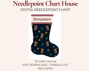Classic Reindeer Christmas Stocking Needlepoint Chart PDF | Personalized Heirloom Stocking Pattern 13 mesh