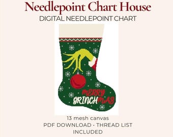 Whimsical Grinch Hand Christmas Hand Needlepoint Stocking | 13 Mesh Canvas | Personalized Holiday Stocking