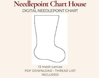 Large Christmas Stocking Template Needlepoint Chart PDF, 13 Mesh Digital Needlepoint Pattern, Stocking Canvas Download