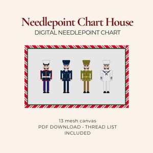 May include: Digital needlepoint chart from Needlepoint Chart House featuring four pixelated soldier figures in various uniforms. The image is framed with a red and green border and includes text indicating a PDF download with a thread list.
