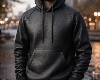 Pull à capuche noir en cuir d'agneau pour homme | Veste streetwear faite main | Cadeau motard d'hiver