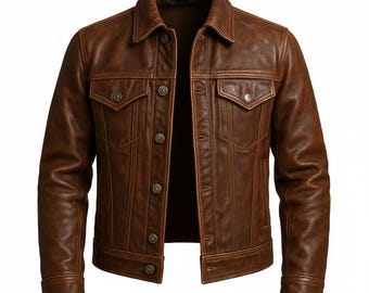 Men’s Leather Trucker Jacket | Vintage Style Genuine Leather | Handmade Classic Cowboy Coat