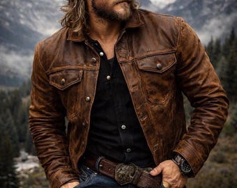 Men’s Western Distressed Brown Leather Jacket – Handmade Vintage Cowboy Coat