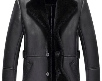 Men's RAF Black Shearling Faux Fur Sheepskin Leather Jacket Genuine Leather Trench Coat