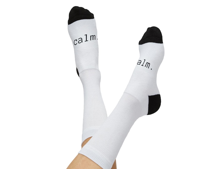 CALM Socks - Mindful Sole Socks Mental Health mantra - Sublimation Crew Socks, Minimal Text Design