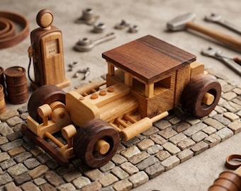 Vintage Wooden Race Car Statue | Handcrafted Hot Rod Miniature | Wooden Home & Office Desk Accessories