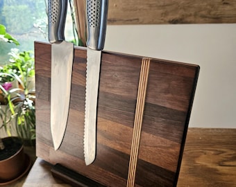 Magnetic Knife Holder, Space Saving Kitchen Organizer, Walnut Wood Knife Holder, Black Kitchen Design Accessory