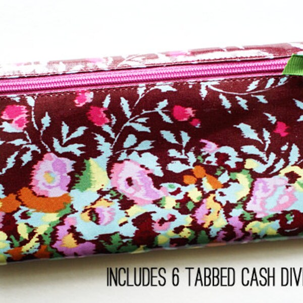 Cash budget envelope system wallet with 6 tabbed dividers | wine with multicolor pastel flowers